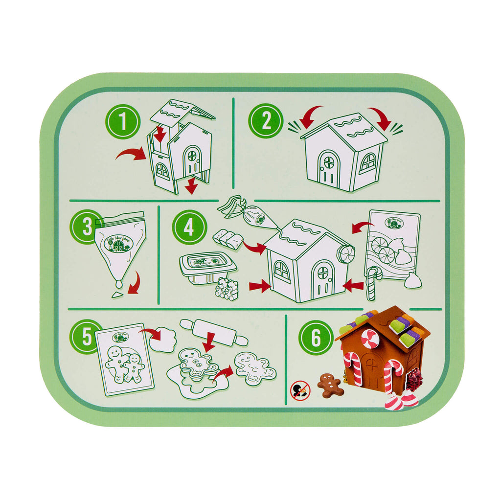 Step-by-step guide for building a gingerbread house on a green tray with white background