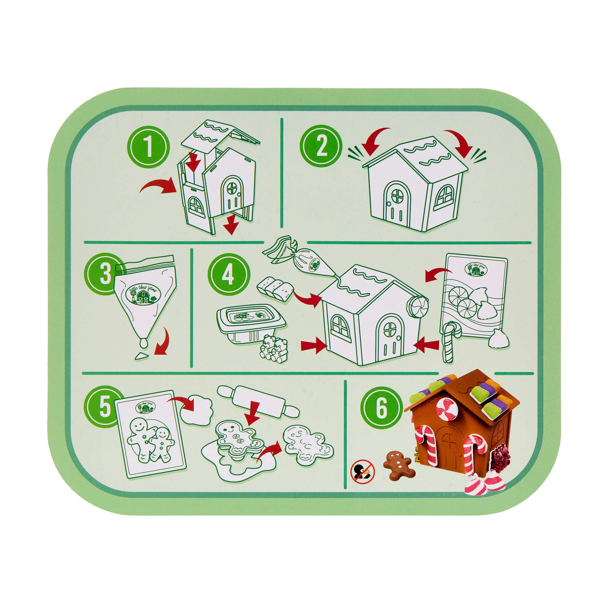 Step-by-step guide for building a gingerbread house on a green tray with white background